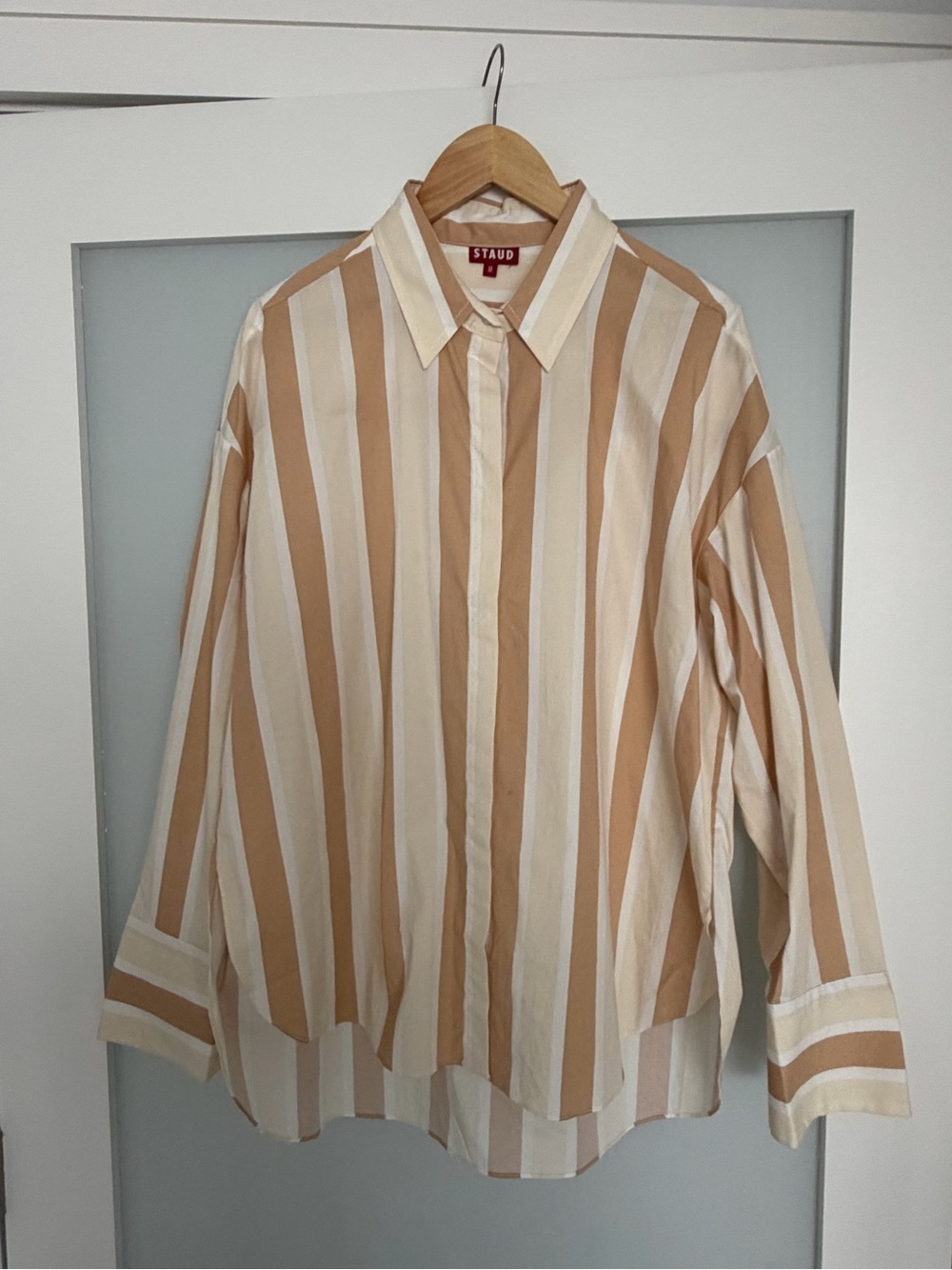 STAUD Women’s Oversized Beige & Cream Stripe Shirt
